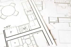Architectural floor plan with kitchen and bathroom layouts on white paper