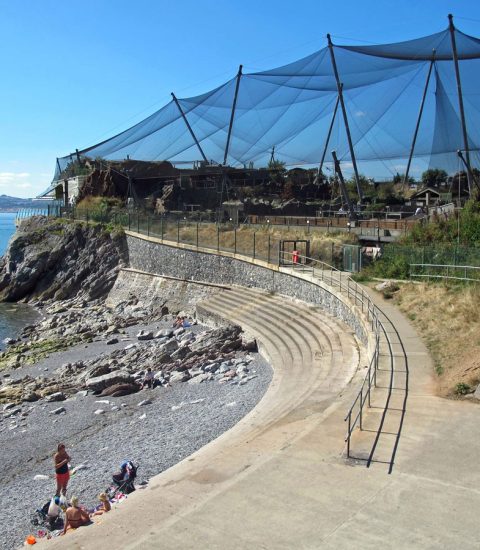 Coastal path near Living Coasts, Torquay with rocky beach and expansive view of the sea on a sunny day