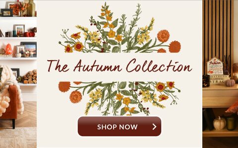 Autumn home decor collection with cosy blankets, cushions, pumpkins, and festive table settings. Shop the autumn range