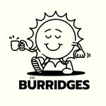 Smiling sun character holding a coffee, representing Burridges café logo in black and white design