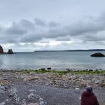 Coastal landscape with rocky shoreline and cloudy sky at Anstey's Cove, Torquay, England