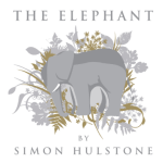 Illustration of an elephant surrounded by floral elements, titled The Elephant by Simon Hulstone