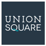 Union Square Shopping logo white text on blue background in square shape with transparent background
