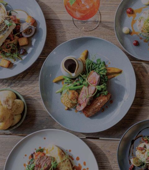 Assorted gourmet dishes arranged on a wooden table, showcasing vibrant and elegantly plated fine dining cuisine
