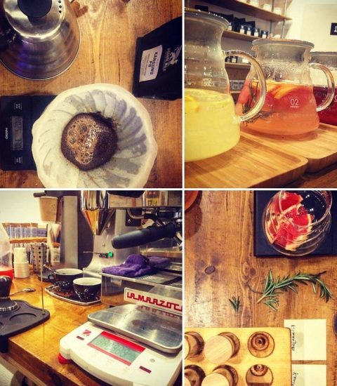 Collage of coffee brewing, citrus drinks, espresso machine, and herbs on a wooden counter in a café setting