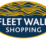 Fleetwalk logo: white text on blue oval-shaped circle and yellow oval border with top wave design on a transparent background