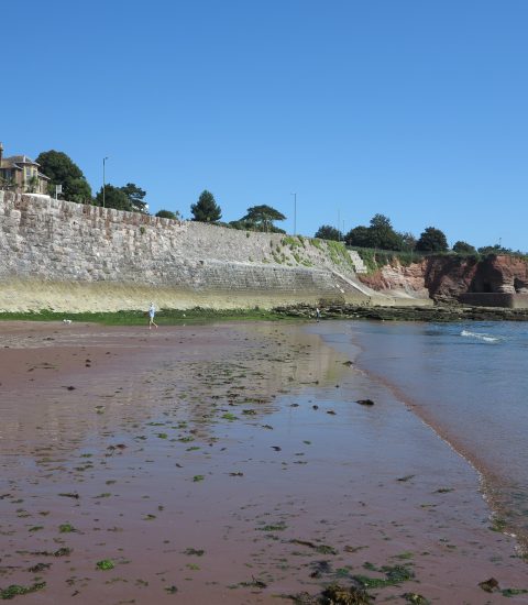 Coastal view of Torquay's rocky shoreline with waves crashing and overcast skies in the background