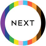 Colourful circle icon with the word 'NEXT' in the centre, representing forward movement and innovative design