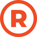 The logo is a red circle with the letter R in red on a transparent background