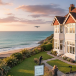 Photographers and a drone capturing a luxury white house on the Cornish coast at sunset