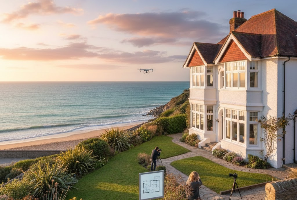 Photographers and a drone capturing a luxury white house on the Cornish coast at sunset