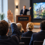 Person raises hand in crowded auction room as auctioneer gestures towards a screen displaying a property image