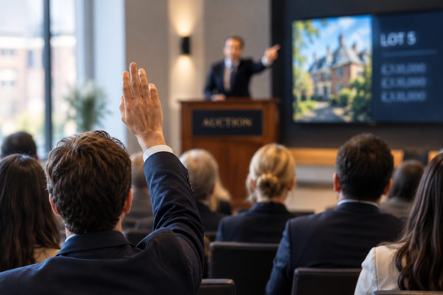 Person raises hand in crowded auction room as auctioneer gestures towards a screen displaying a property image