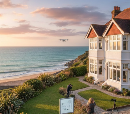 Photographers and a drone capturing a luxury white house on the Cornish coast at sunset