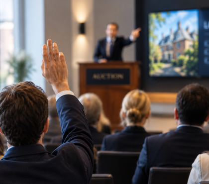 Person raises hand in crowded auction room as auctioneer gestures towards a screen displaying a property image